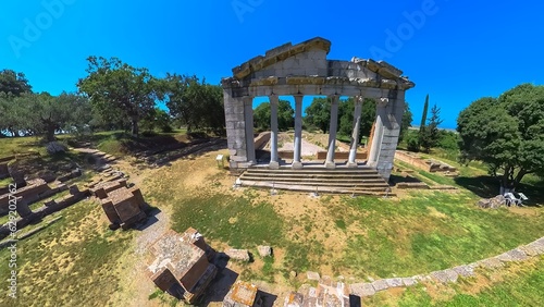 Apollonia is an ancient archaeological site located in Albania. It holds significant historical importance as one of the most prominent and well-preserved ancient cities in the country. Aerial view. photo