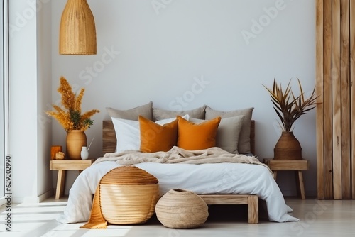 interior design, Brown and orange pillows on white bed in natural bedroom interior with wicker lamp and wooden bedside table with vase. created generative ai.