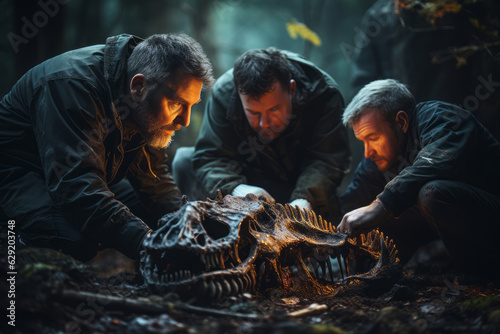 Paleontologists carefully uncovering the remains of a dinosaur fossil, symbolizing the excitement of discovery and scientific exploration. Generative AI © bluebeat76
