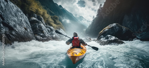 Foto whitewater kayaking, down a white water rapid river in the mountains