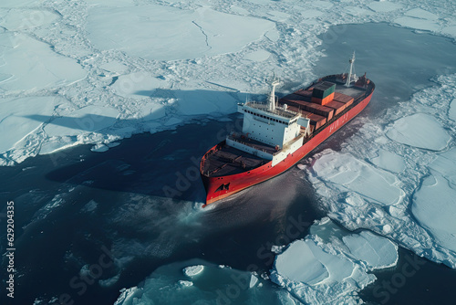 Large Cargo icebreaker vessel loaded with containers sailing in ice-cold ocean. Aerical view. photo