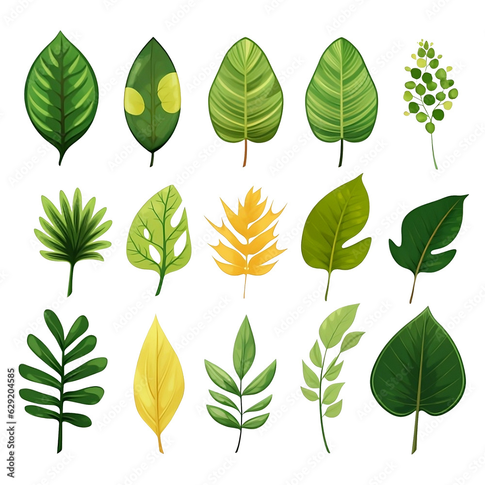 Set of tropical vector leaves. Variety. Ornamental plants. White background ,Generative AI Set of tropical vector leaves. Variety. Ornamental plants. White background ,Generative AI