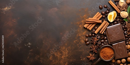 Fresh dark chocolate and coffee bean on wooden table background for your product with copy space
