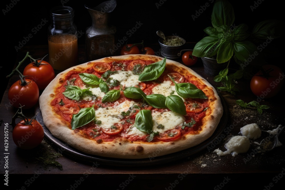 Italian Pizza Margherita with tomatoes and mozzarella cheese on rustic background.