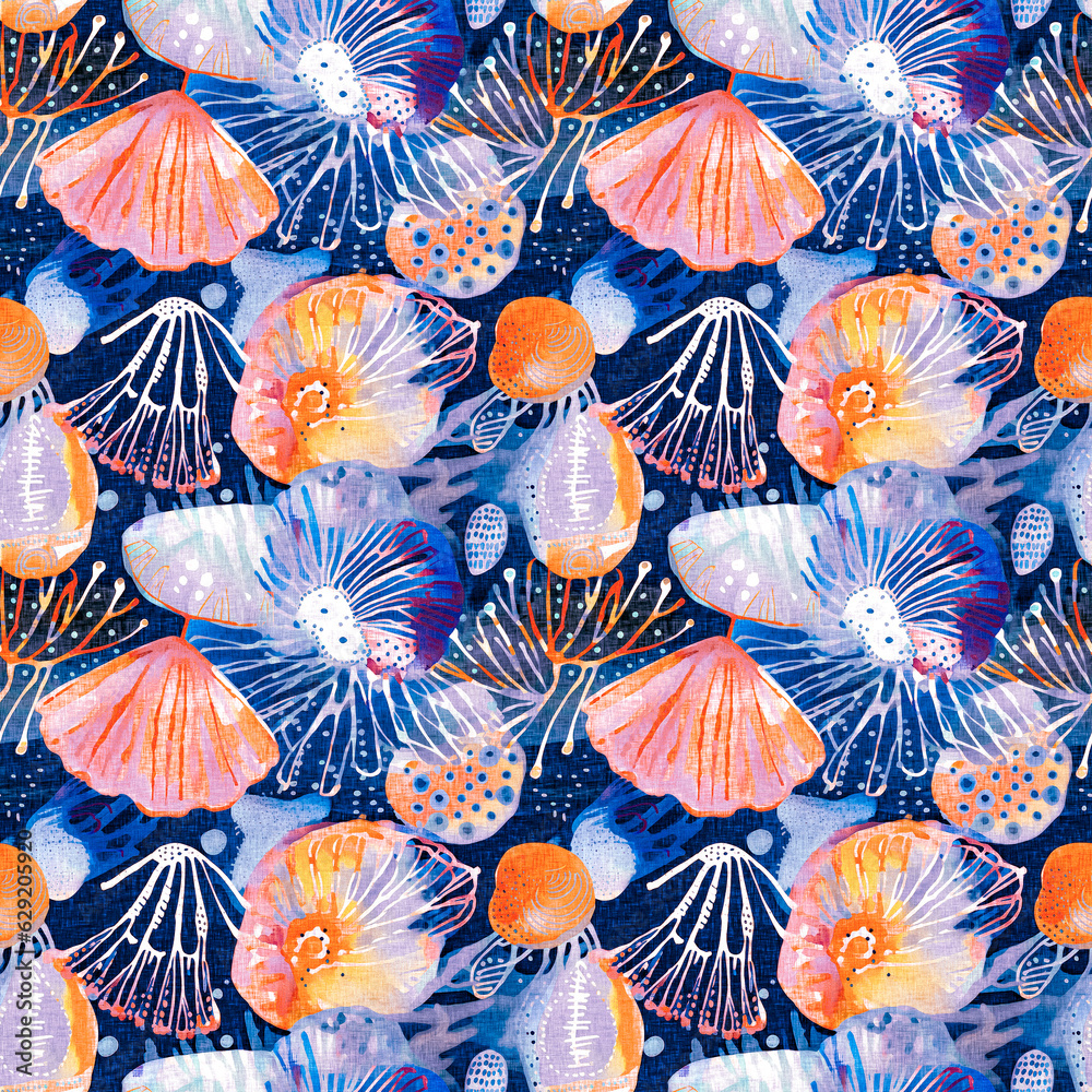  Seamless blue red underwater shell clam repeat background. Tropical modern seashell coastal pattern clash fabric coral reef print for summer beach textile designs with a linen cotton effect.