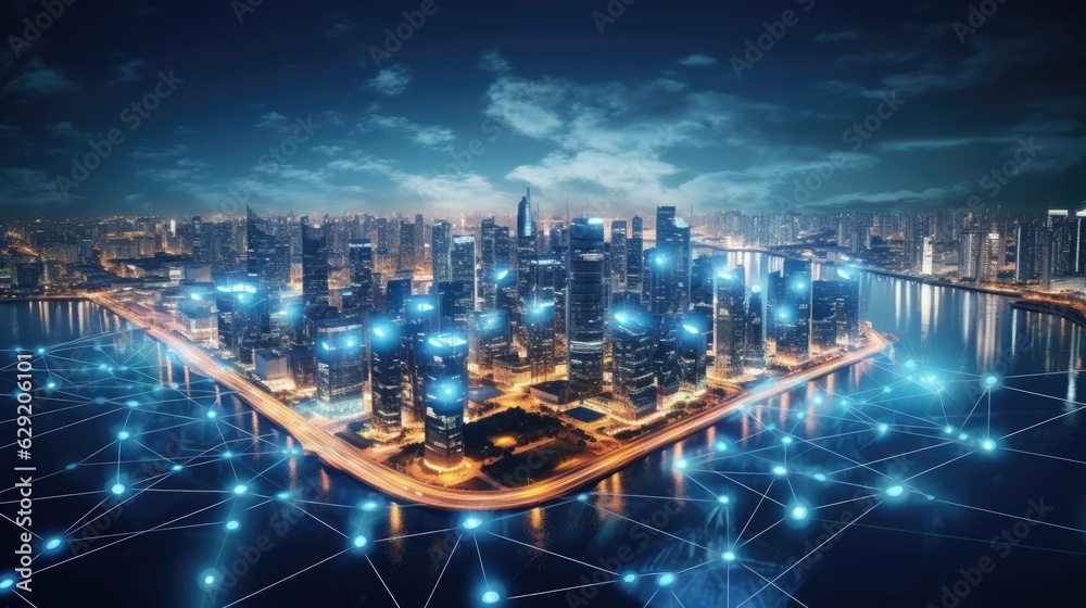 Futuristic city at night, surrounded by a network of lights.