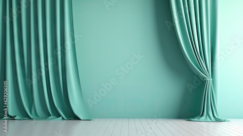 Pastel teal green blank wall in room with coloured silk drapes.