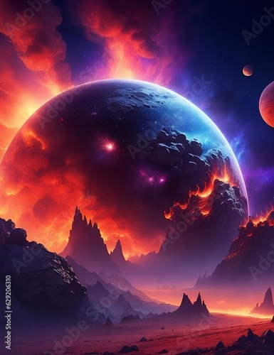 Fiery Planet Awakens  Mystical Landscape with Glowing Stars  Nebulae  Colorful Massive Clouds  and Falling Asteroids - Digital Artwork