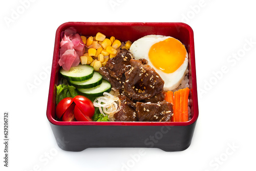 Beef teriyaki don with rice and egg on white background