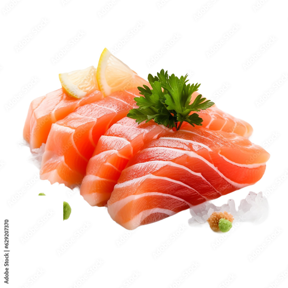  Salmon sashimi, Japanese food. Raw salmon fillet served on ice with wasabi and grated white radish isolated on transparent background, generative ai