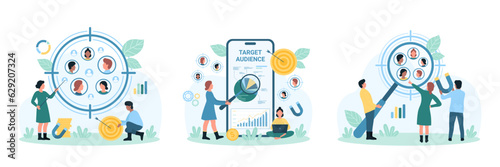 Target audience research set vector illustration. Cartoon tiny people work on market analysis with magnifying glass, study focus group of customers in aim circle and individual approaches to consumers
