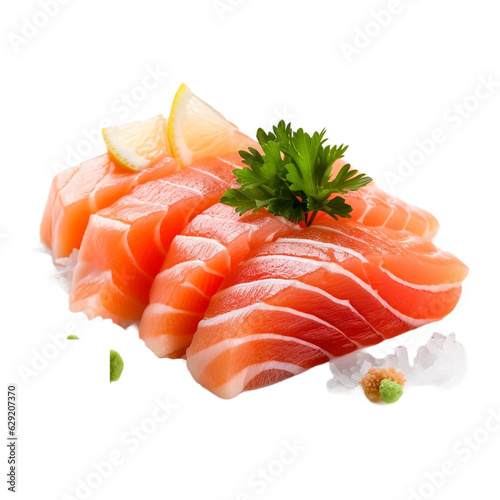  Salmon sashimi, Japanese food. Raw salmon fillet served on ice with wasabi and grated white radish isolated on transparent background, generative ai