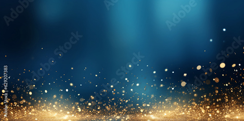 Blue gradient background with scattered gold particles creates a festive mood.