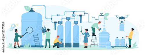 Production process of clean water vector illustration. Cartoon tiny people work with factory treatment facility, pour drinking water into plastic bottles and portable coolers, delivery with drones