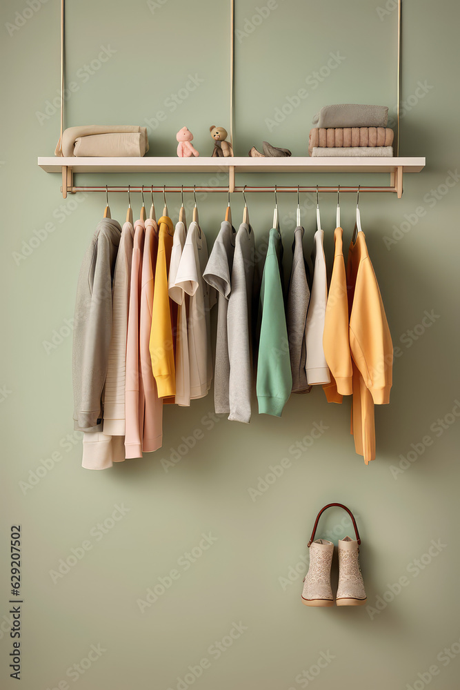 Minimalistic women's closet against a simple pastel colored wall. Vertical story format, creative concept of classic women's closet with hangers.