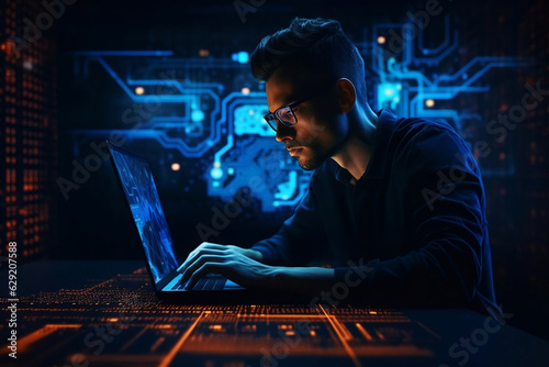 Hacker typing computer. Concept of cybercrime, cyberattack, dark web. man typing on a laptop in dark room data science. Generated AI 