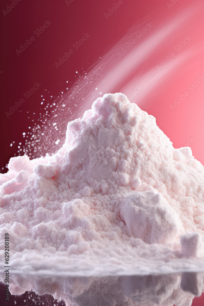 A close-up of the flour in motion. Explosion of falling white powder isolated on pink background. Vertical format. A close-up of the flour in motion. Explosion of falling white powder isolated on pink background. Vertical format.