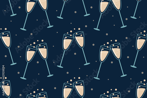 Pair of cartoon festive glasses with alcoholic wine or champagne with bubbles, vector seamless pattern.