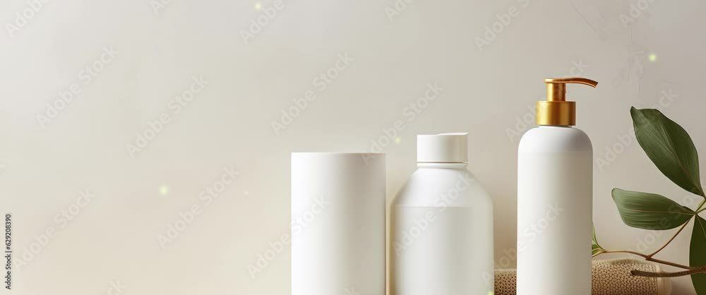 Anamorphic video group of different beige and white glass and plastic cosmetic bottles and jars