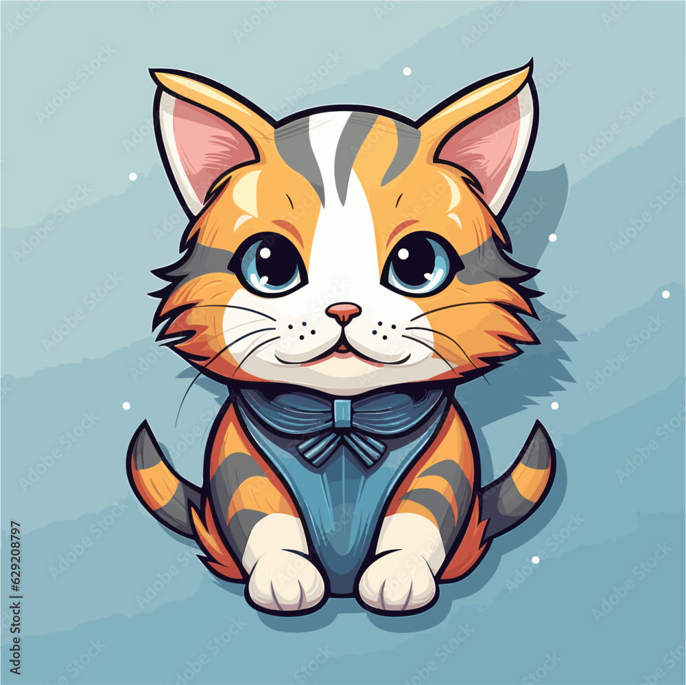 Cute cartoon cat in a blue bow tie. Vector illustration.