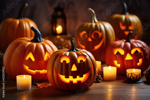 Spooky Halloween Pumpkins with Glowing Candles: Traditional Festival Vibes. Generative AI