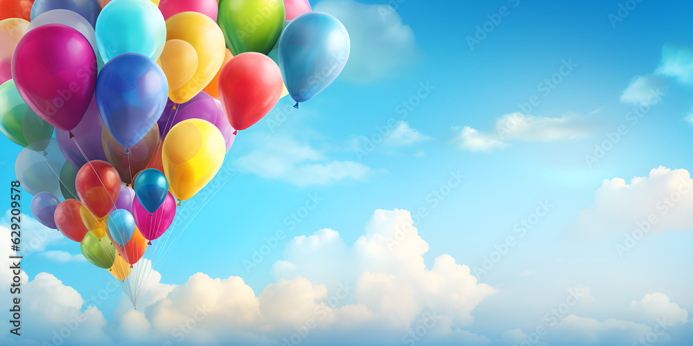 colorful balloons in sky, Colorful balloons flying in the blue sky , generative Ai