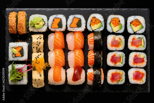 An overhead view of a royal sushi set isolated on a black background. Assortment of Japanese food, a variety of sushi and rolls.