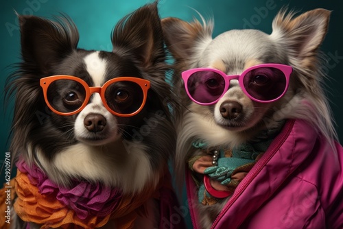 Photo of two dogs wearing sunglasses stacked on top of each other created with Generative AI technology © AI Visual Vault