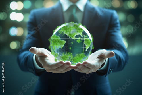 ESG environmental social governance business strategy investing concept. Businessman holding green earth globe world .Ethical and sustainable investing. Enhance ESG alignment of investments . Eco