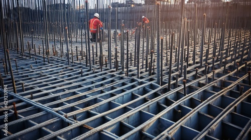 Installing Steel Reinforcement Bars for Concrete Foundation at High-rise Building Site with generative ai