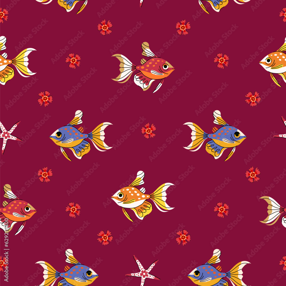 Obraz premium Seamless pattern of ocean fish golden Tetra on red background. Orange and blue tropical sea fish Vector illustration for wallpaper, cloth design, fabric, tissue, textile, wrapping paper