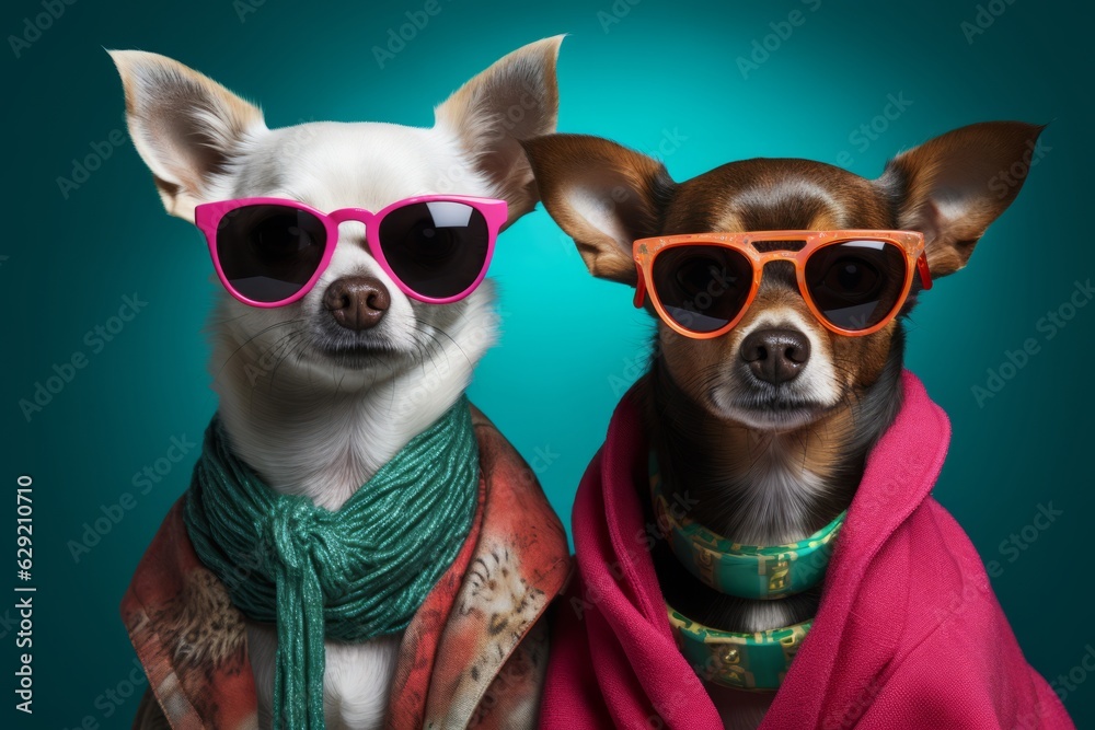 Photo of two stylish small dogs wearing sunglasses and scarves created with Generative AI technology