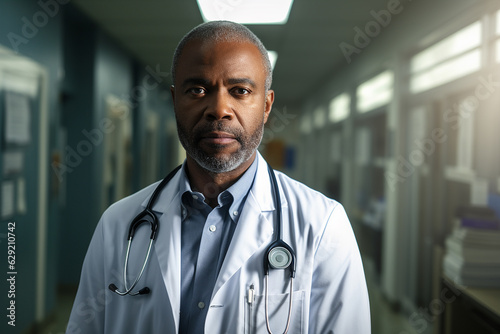 Close-up portait of a serious doctor in a hospital corridor. African-american senior doctor hospital portrait.