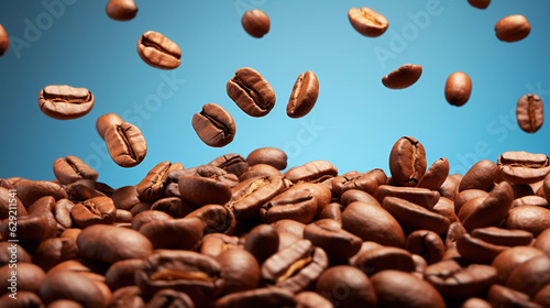 Coffee beans in the air  beautiful background  studio lighting.