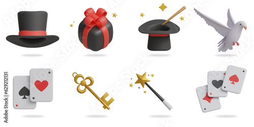 magic 3D vector icon set.
magician hat,gift box,white dove,card,key,magic stick