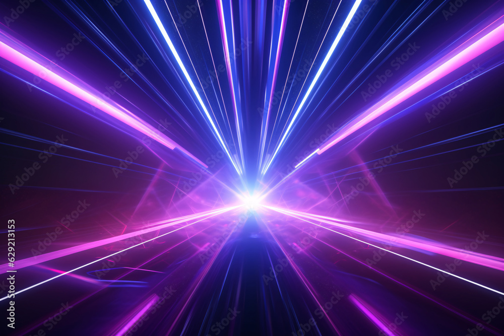Neon light abstract background. Tunnel or corridor violet neon glowing lights. Laser lines and LED technology create glow. Cyber club neon light stage room. Data transfer. Fast network. Neon light abstract background. Tunnel or corridor violet neon glowing lights. Laser lines and LED technology create glow. Cyber club neon light stage room. Data transfer. Fast network.