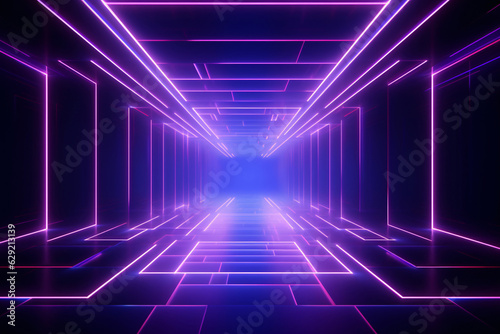 Neon light abstract background. Square tunnel or corridor violet neon glowing lights. Laser lines and LED technology create glow in dark room. Cyber club neon light stage room.