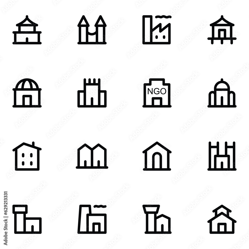 Bold Line Buildings and Construction Vector Icons 

