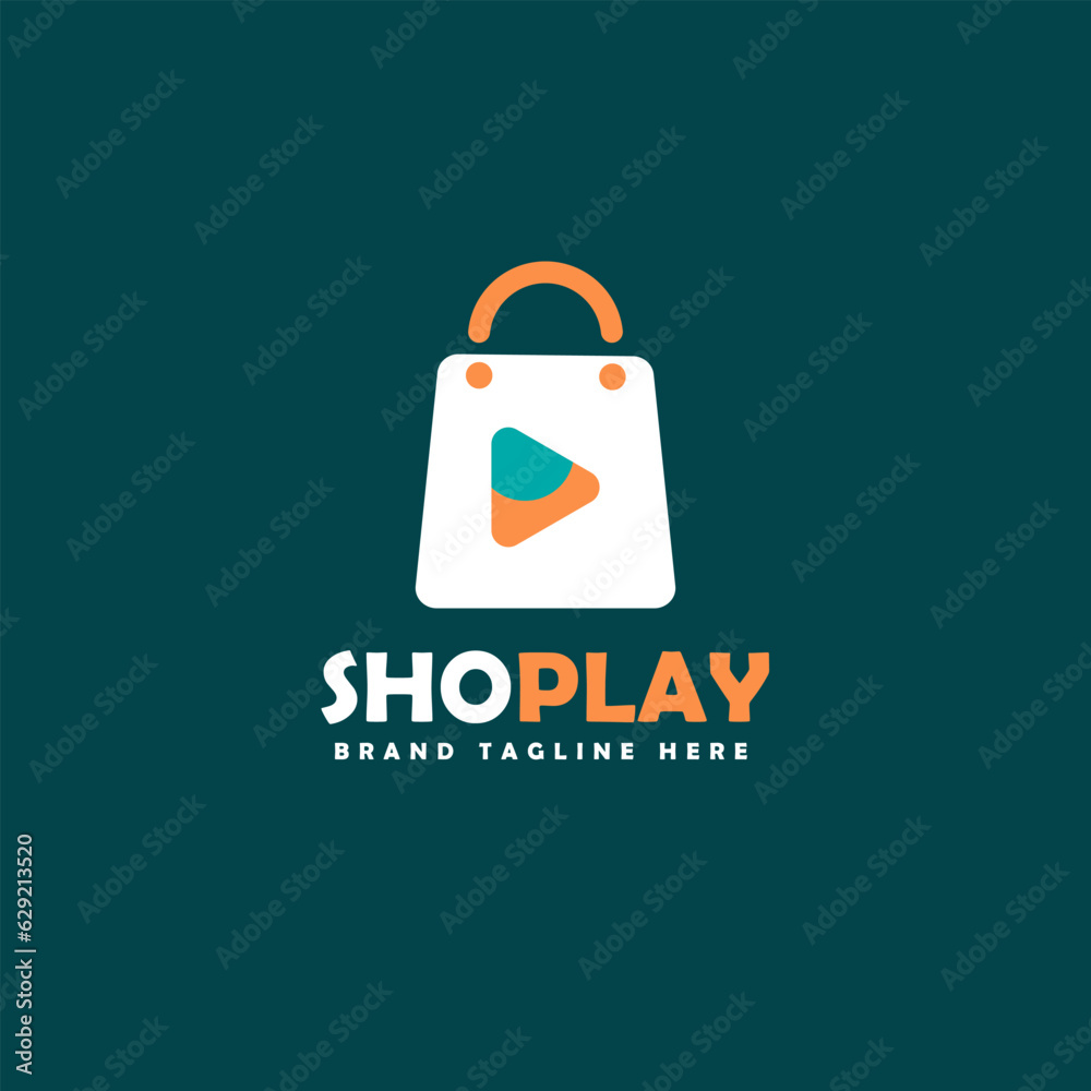 Naklejka premium Shop Play simple logo design, with shopping bag element, play or start icon, suitable for online shop business brand logo, company, etc.