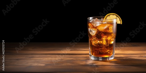 Refreshing delight. Cold ice tea in glass on wooden table with fresh lemon slice. Closeup view