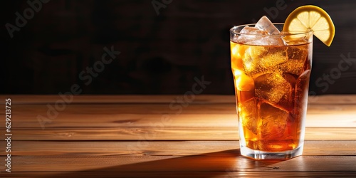 Refreshing delight. Cold ice tea in glass on wooden table with fresh lemon slice. Closeup view