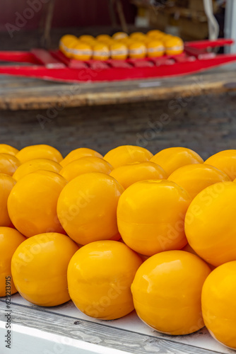 Detail of edam cheeses, town cheese market, Edam, North Holland, Netherlands