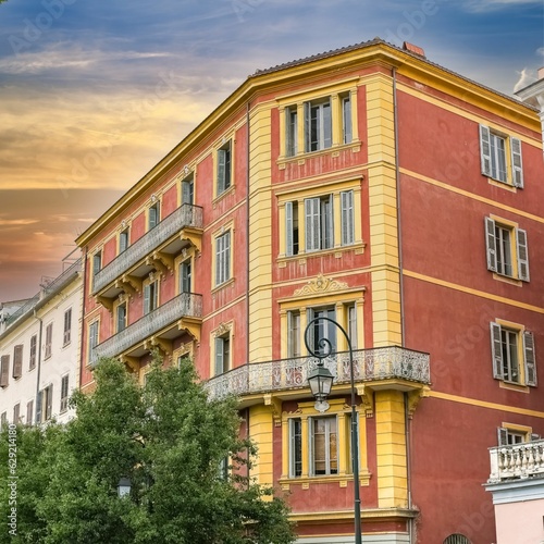 Ancient colorful houses in the historic center of Ajaccio, France.