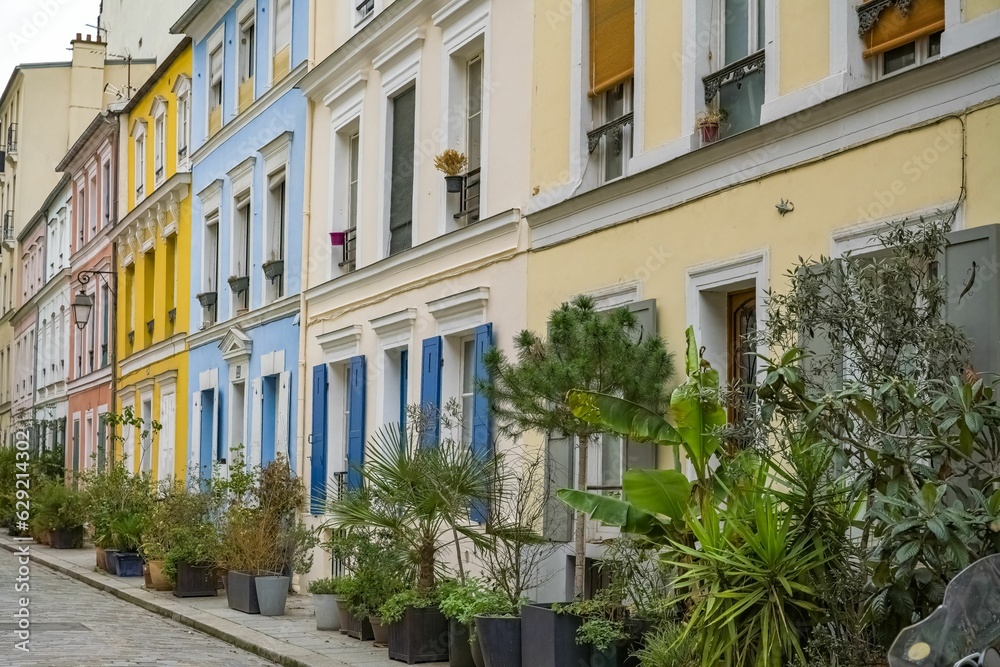 Scenic view of colorful houses rue Cremieux in Paris, France