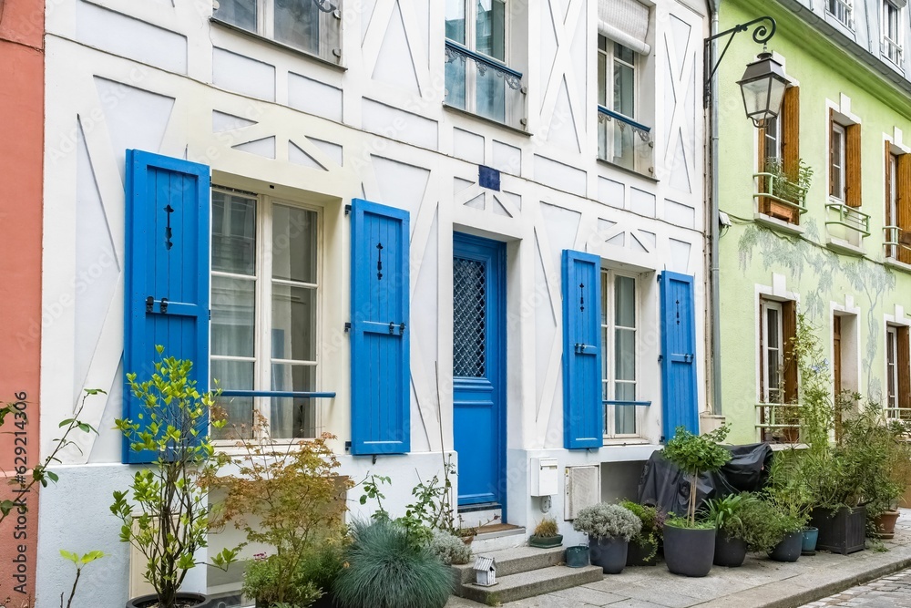 Scenic view of colorful houses rue Cremieux in Paris, France