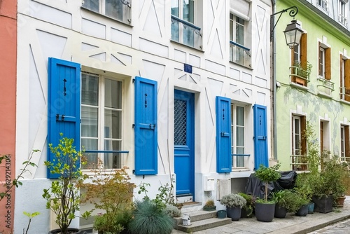 Scenic view of colorful houses rue Cremieux in Paris, France