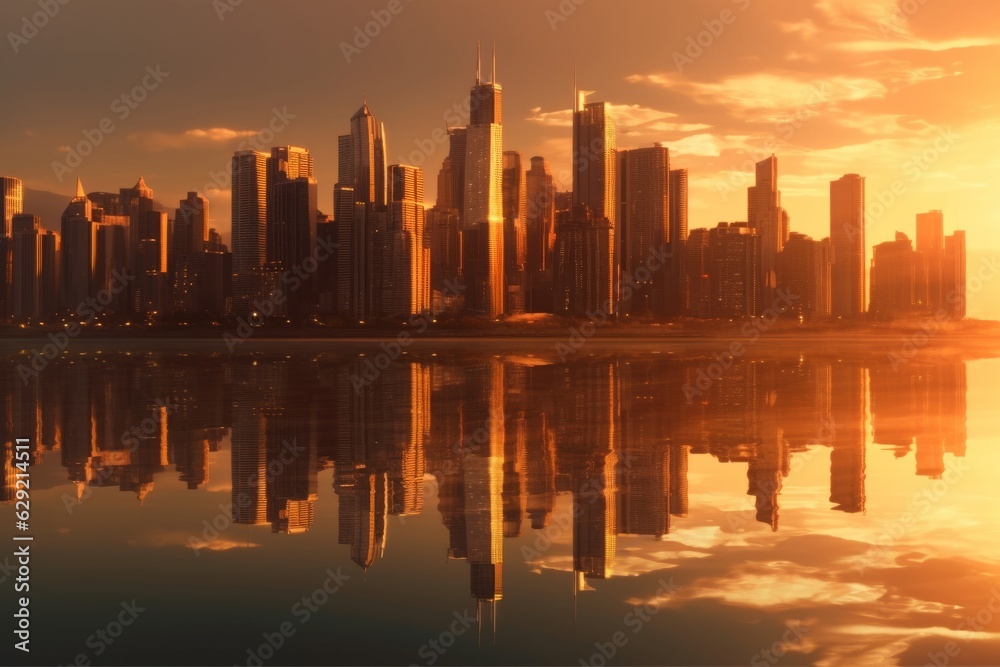 City skyline at sunset with reflection