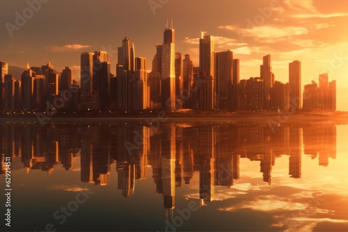 City skyline at sunset with reflection