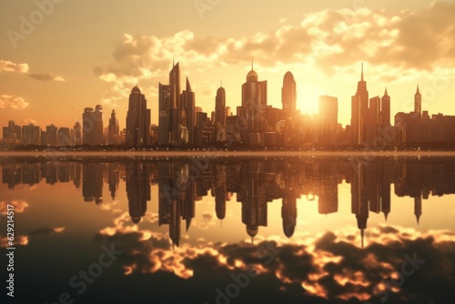 City skyline at sunset with reflection