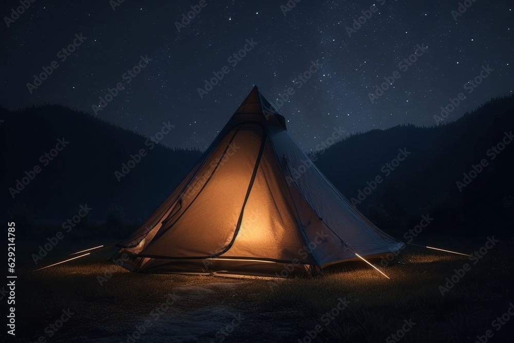 Tent in the mountains at night with starry sky background.